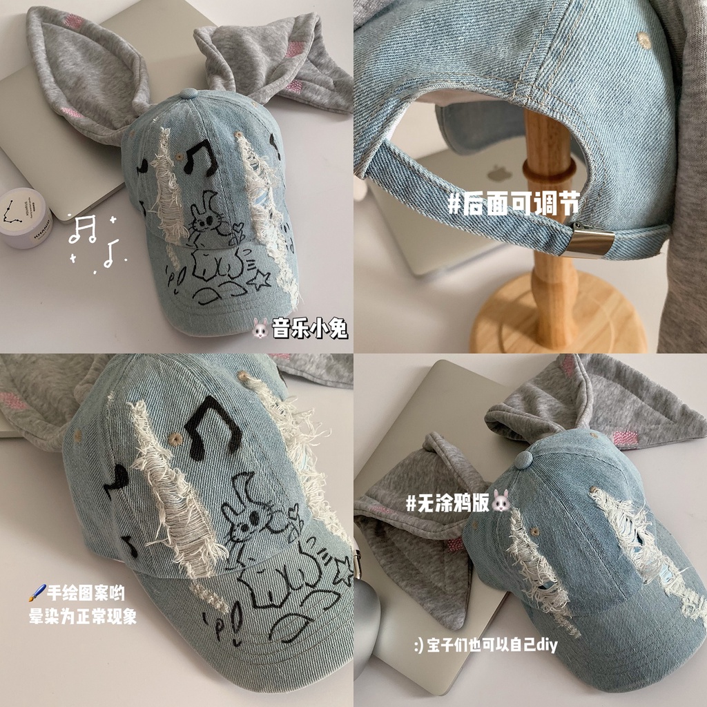 Mũ Bóng Chày Cao Bồi Đính Tai Thỏ Graffiti Phong Cách Cao Bồi Cho Nữ