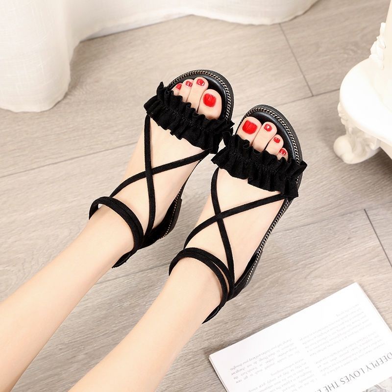 Sandal nữ đi học đế bệt quai nhúng, Xăng đan nữ phong cách harajuku dây chéo móc khóa dễ thương