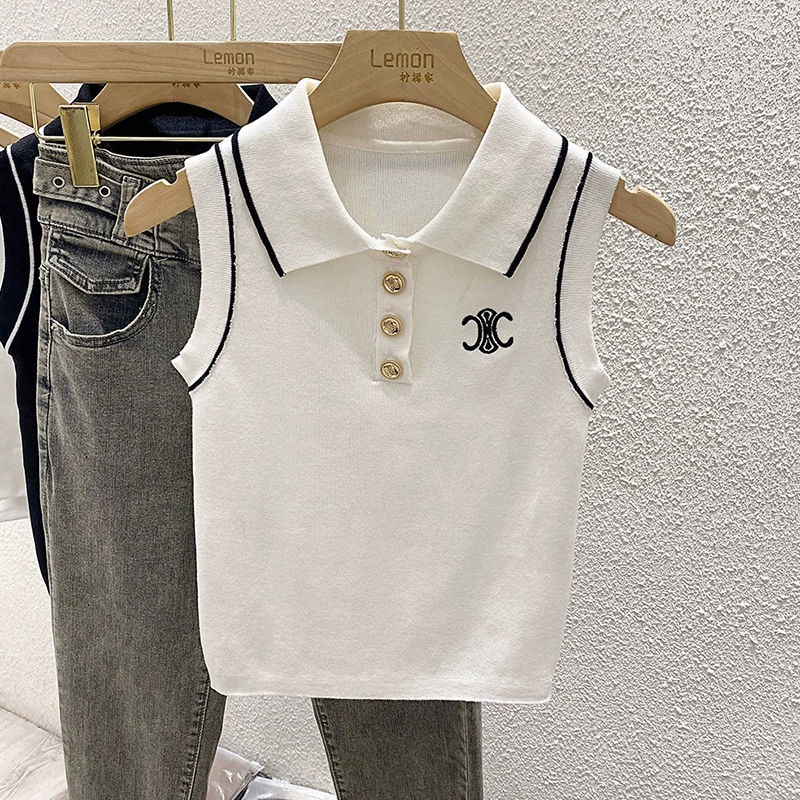 Áo Thun polo Dệt Kim Không Tay Dáng Ôm Thời Trang Mùa Hè Dành Cho Nữ