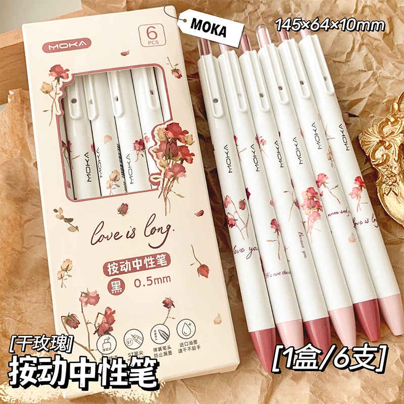 6 chiếc đầu hợp kim 0,5mm st dòng hoa hồng lãng mạn đóng hộp bút gel mực đen st tip bút ký
