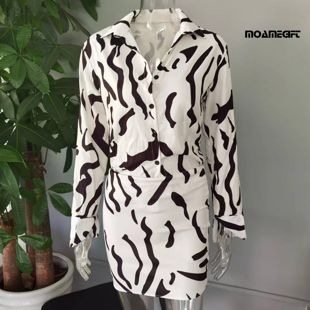 2 chiếc / bộ váy áo mùa thu phù hợp với geo in váy ngắn sâu cổ v dài tay áo in áo cardigan ấm áp màu tương phản áo sơ mi mùa xuân bộ váy để mua sắm