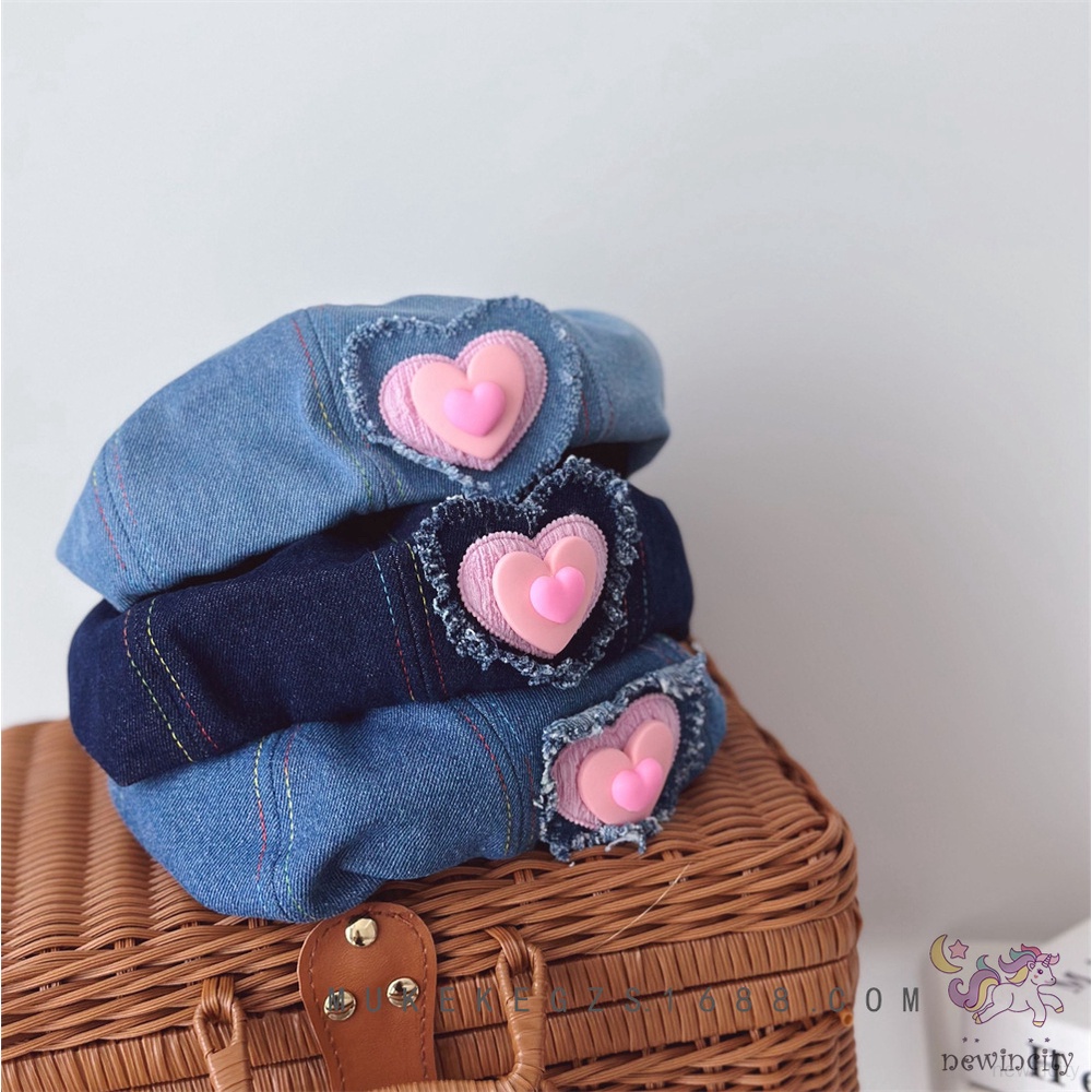 Trẻ em hàn quốc cô gái ngọt ngào mát mẻ tình yêu thiết kế trái tim mũ nồi denim ins style mũ