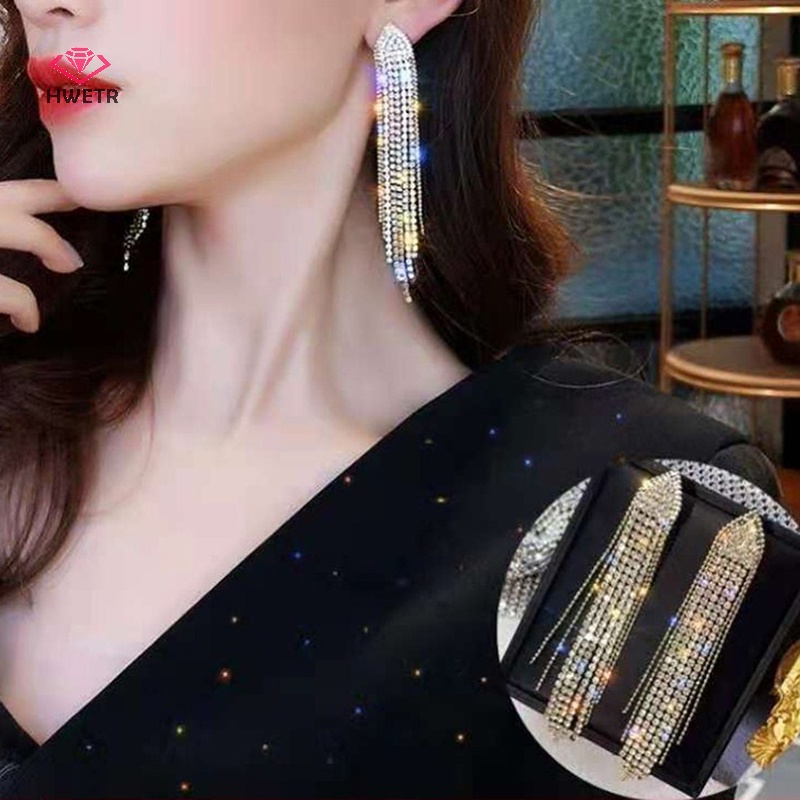 Hwetr dài tua đầy đủ rhinestone bông tai thả cho phụ nữ ovsize pha lê dangle bông tai phụ kiện trang sức thời trang mới