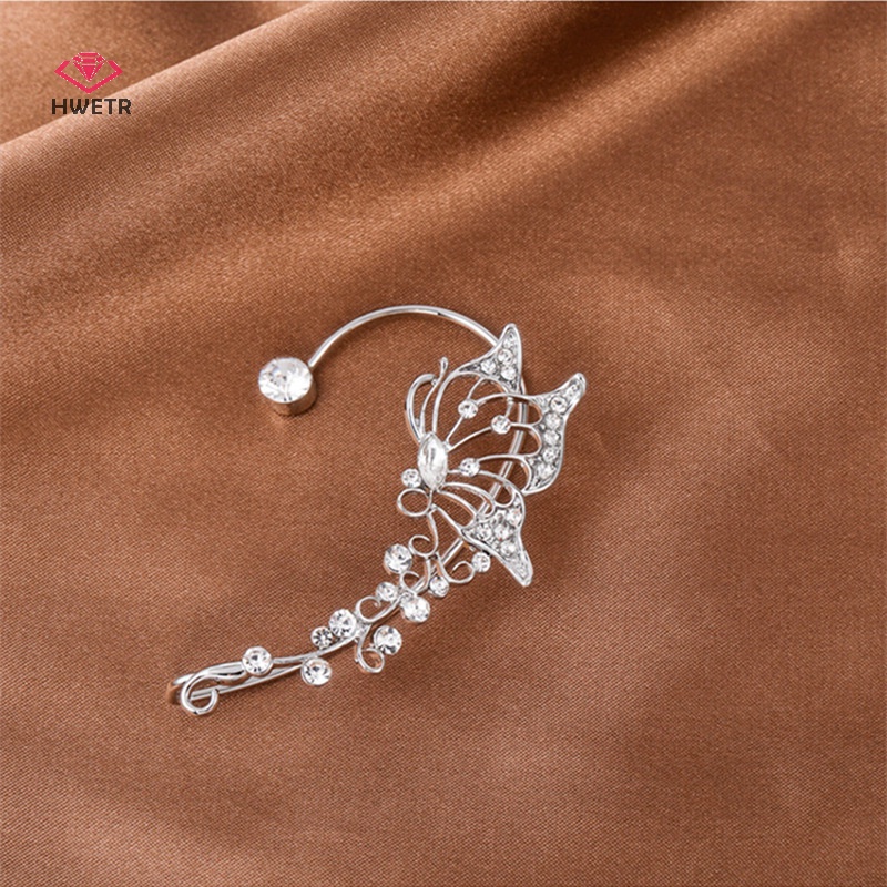 Bông tai kẹp HWETR hình bướm yêu tinh đính pha lê lấp lánh thời trang tinh tế thanh lịch cho nữ