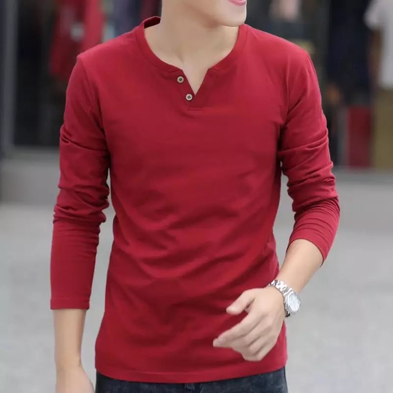 Áo Thun cotton Mỏng Tay Dài Cổ Chữ v Hai Hàng Nút Phong Cách Hàn Quốc Thời Trang Mùa Thu Cho Nam hzfmc26