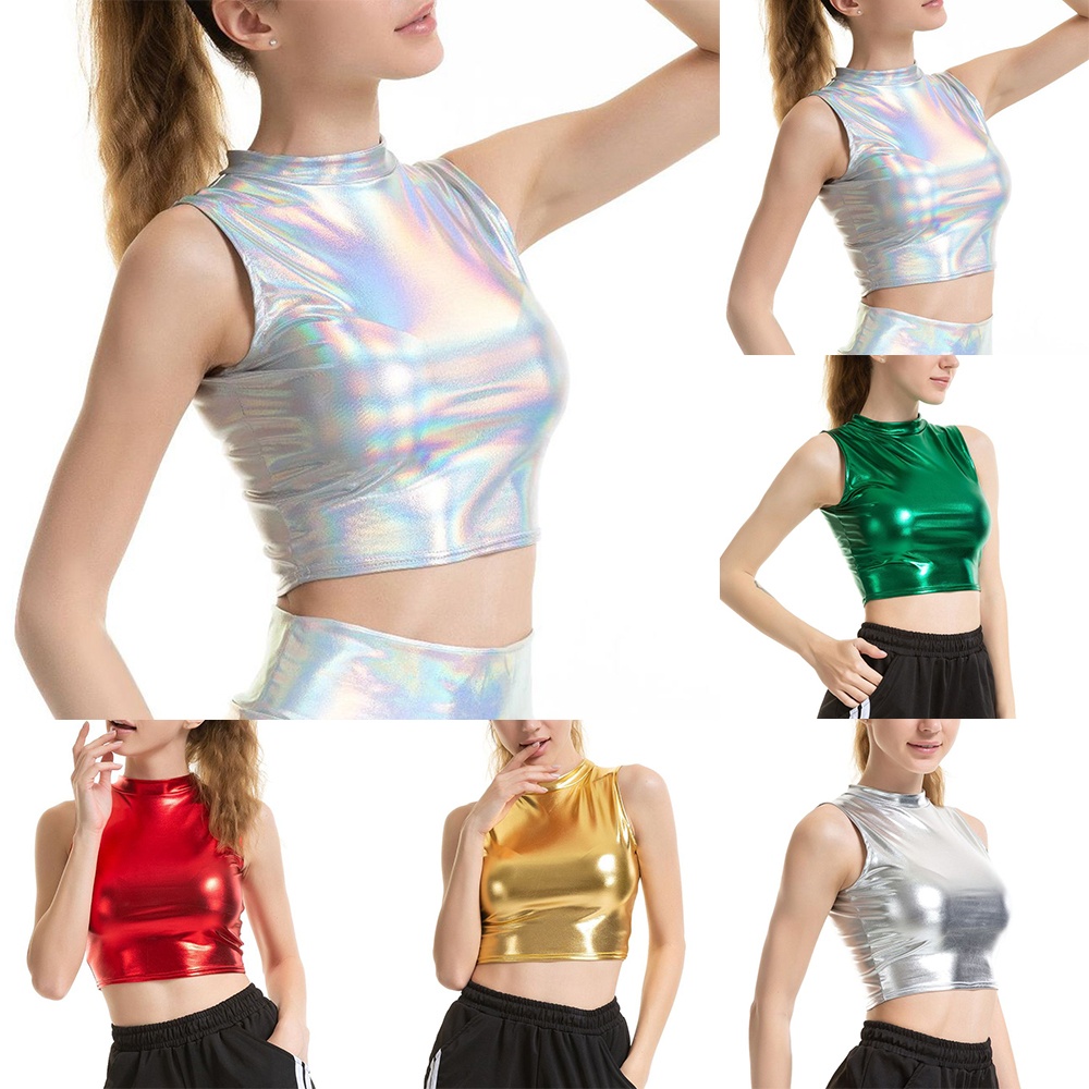 Áo Croptop Da Bóng Thiết Kế Cổ Đứng Thời Trang Quyến Rũ Cho Nữ