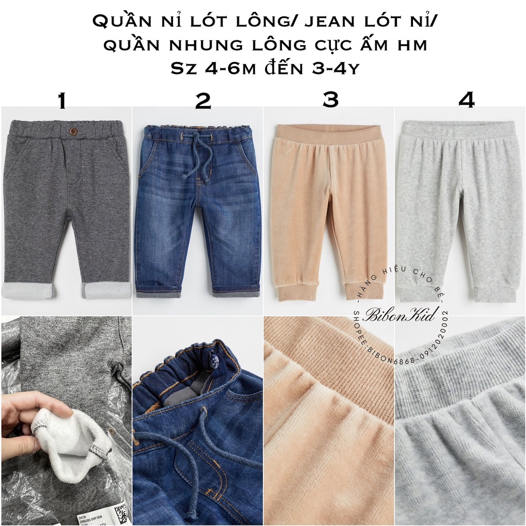 Quần nỉ lót lông/ jean lót nỉ/ quần nhung lông ấm form to HM từ 4-6m đến 3-4y