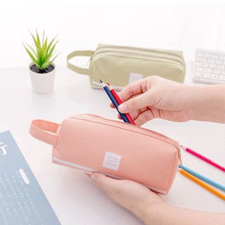  Túi bút vải canvas màu Pastel sọc trắng 2 ngăn to rộng TB06 hộp bút bóp viết đựng đồ dùng học tập 