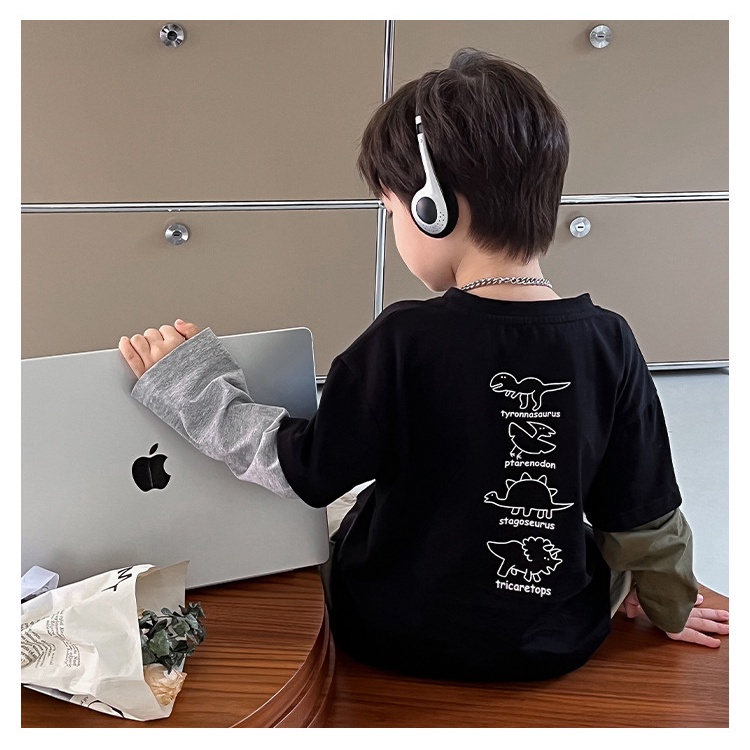 Áo t-shirt trẻ em nhật bản và hàn quốc dài tay in hình khủng long khâu tay áo bé trai dưới cùng