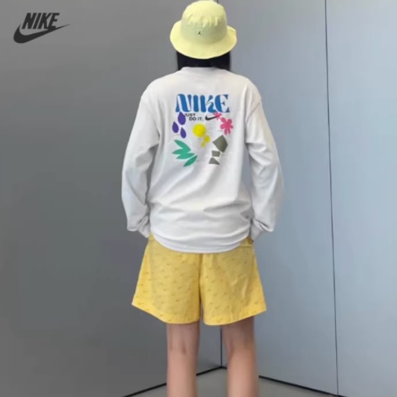 Hàng đã sẵn sàng 100% nike nam đích thực lưng in thể thao giản dị dệt kim đáy áo sơ mi thêu logo cotton cổ tròn dài tay áo t-shirt fj7682-030