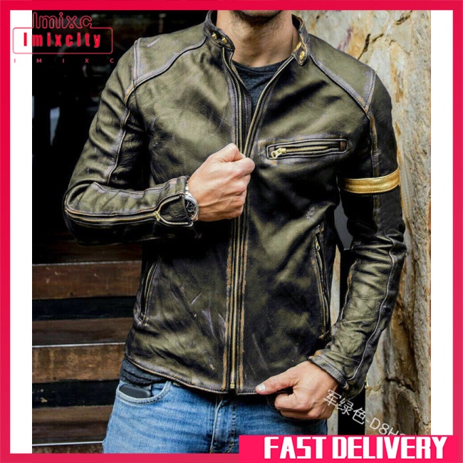 Imixcity men stand collar leather jacket zipper motorcycle lightweight faux leather outwear with multi-pockets
