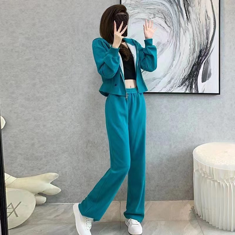 Bộ đồ thể thao thời trang của phụ nữ mùa xuân thu áo nịt mỏng có mũ trùm đầu dài tay + quần ống rộng chân thẳng bộ hai mảnh