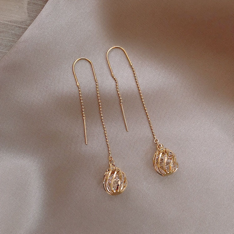 Bông tai tua dài bông tai lưới thủy triều đỏ bông tai đinh tán s925 sterling bạc bông tai kim bạc