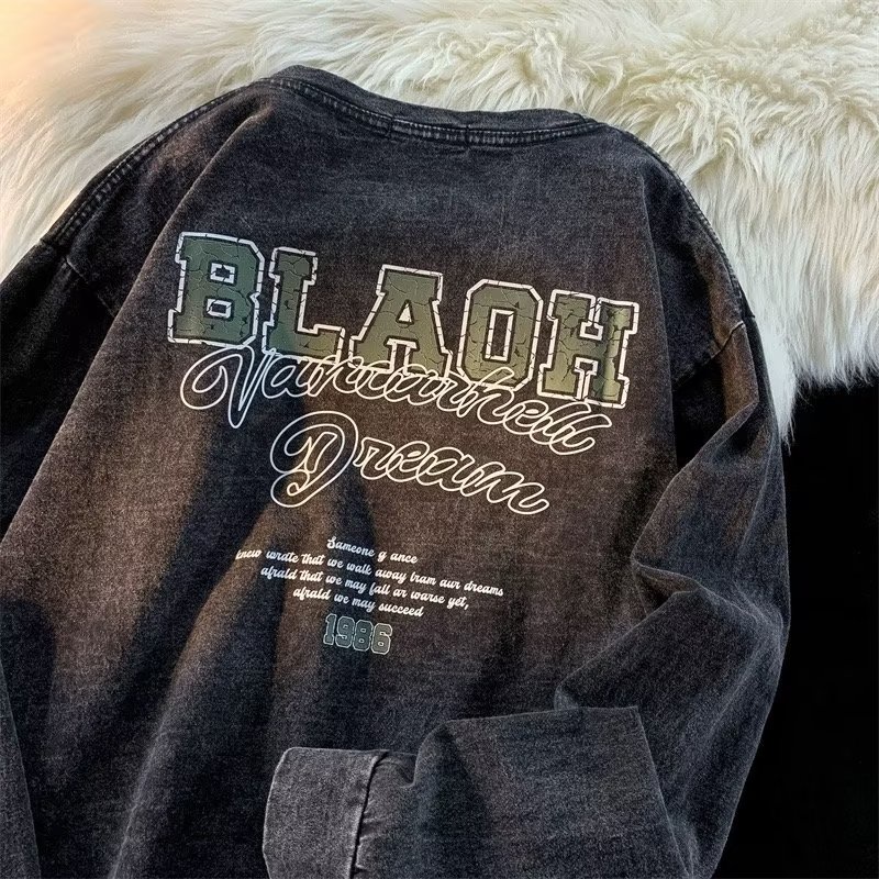 Áo thun dài tay  Unisex T-shirt 100% Cotton Phong cách Vintage Châu Âu lỏng lẻo đen