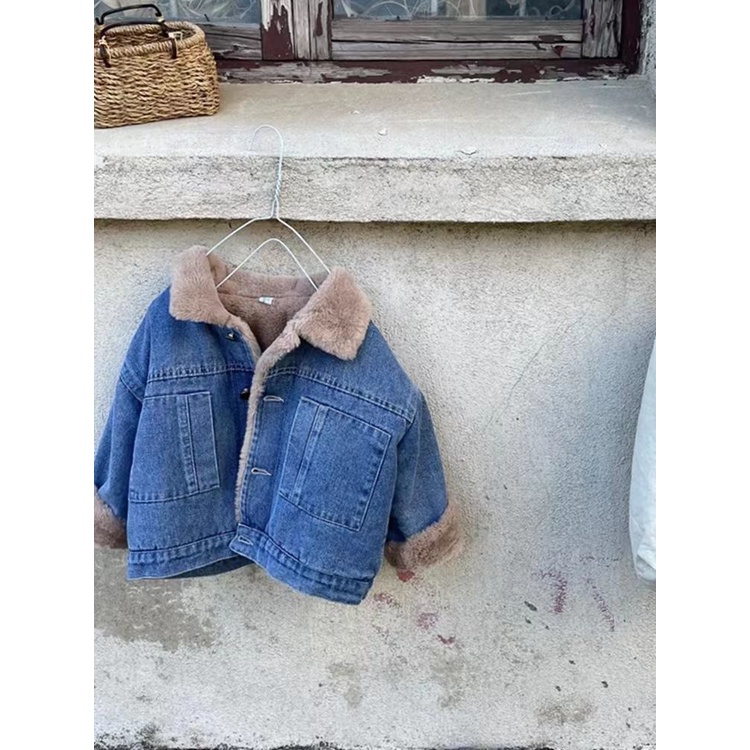 2023 mùa thu đông phong cách Áo khoác Denim lót lông cừu dày dặn thời trang mùa đông cho bé trai