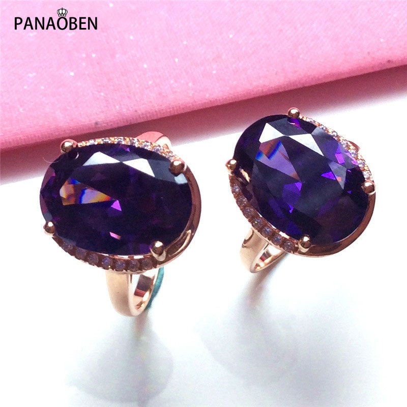 ♥ Nhẫn Đính Hôn Mạ Vàng Hồng 14K 585 Đính Đá Pha Lê Tím Sang Trọng