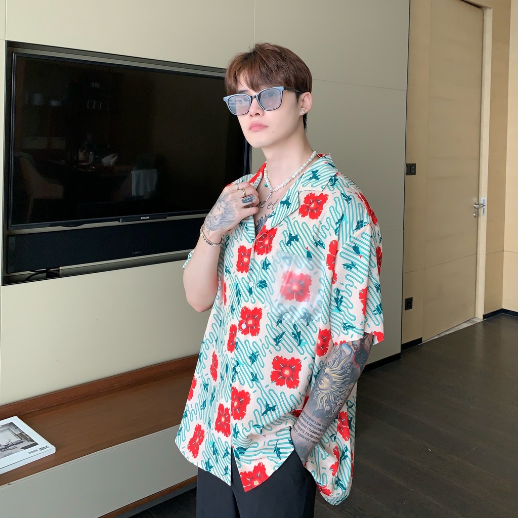 Áo Sơ Mi Ngắn Tay Dáng Rộng In Họa Tiết Hoa Màu Sắc Tương Phản Phong Cách Retro Cho Nam