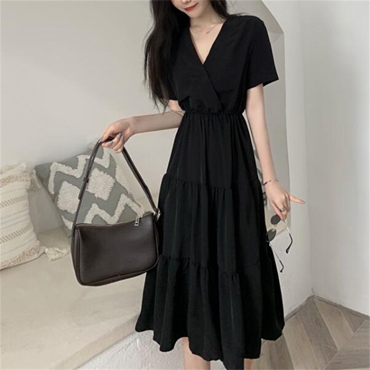 IELGY  Đầm Dài Cổ Chữ v Màu Đen Phong Cách Pháp Thời Trang Cho Nữ