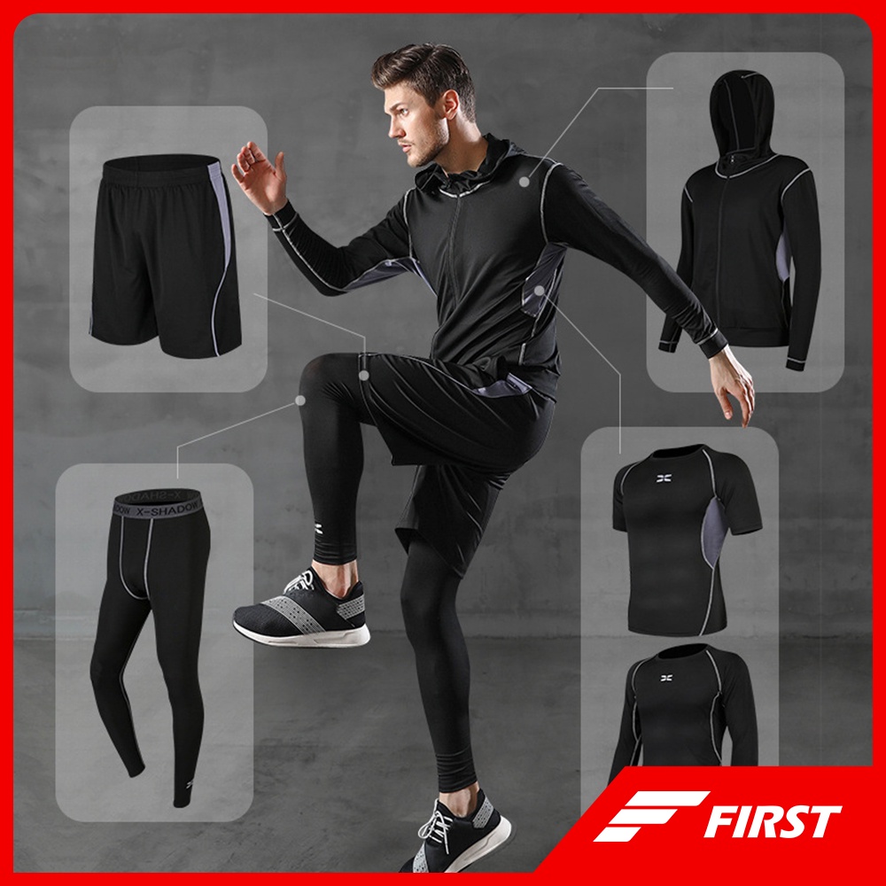 Bộ Đồ Thể Thao Năm Mảnh Gồm Áo Thun Và Quần Short Ôm Dáng Co Giãn Khô Thoáng Nhanh Cho Nam