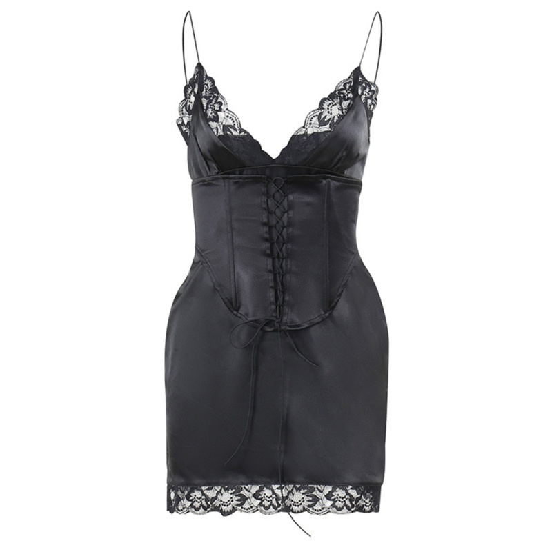 Đầm Ngủ Hai Dây Phối Ren Cổ Chữ V Hở Lưng Gợi Cảm Cho Nữ