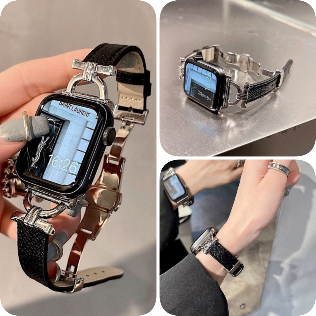 Dây Đeo Bằng Da Và Vải Canvas Mỏng Cho iWatch 45mm 41mm 44mm 42mm 49mm 8 7 6 SE 5