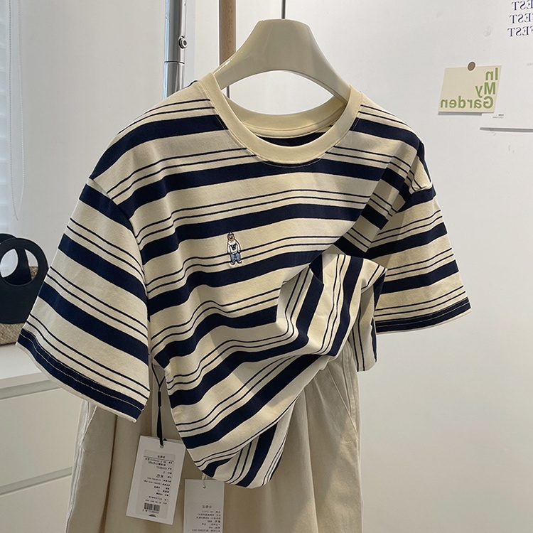 Áo thun cotton MMIOT cổ tròn tay ngắn dáng rộng họa tiết kẻ sọc đơn giản thời trang mùa hè mới