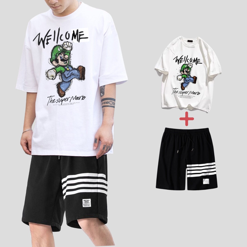 Mẫu mới combo áo thun form rộng hình mario welcome kèm quần short sọc ngang zenkodlmen top 013 ghep short 016
