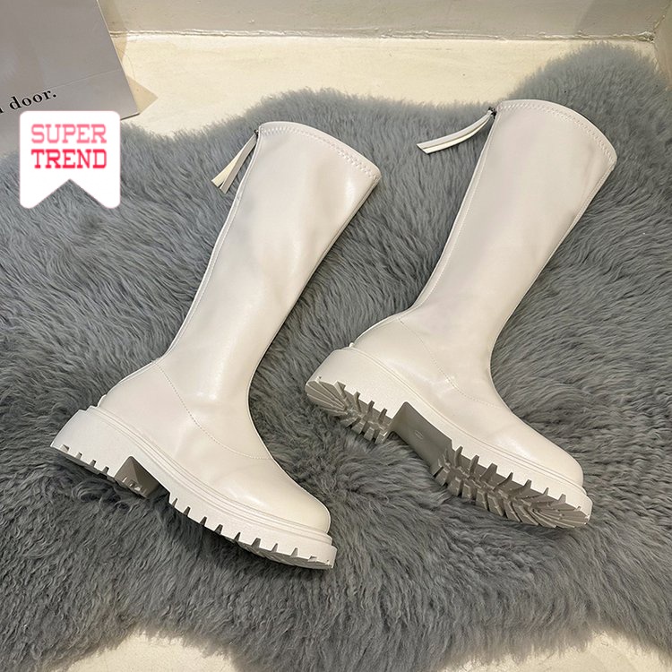 Bốt Cao Gót Mũi Tròn Màu Trơn Phối Khóa Kéo Sau Phong Cách Retro Thời Trang