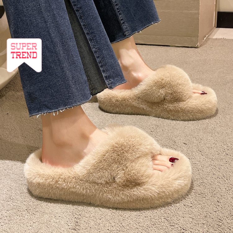 4CM Dép Lông Xù Dày Dặn Mũi Tròn Ấm Áp Thoải Mái Thời Trang Mới