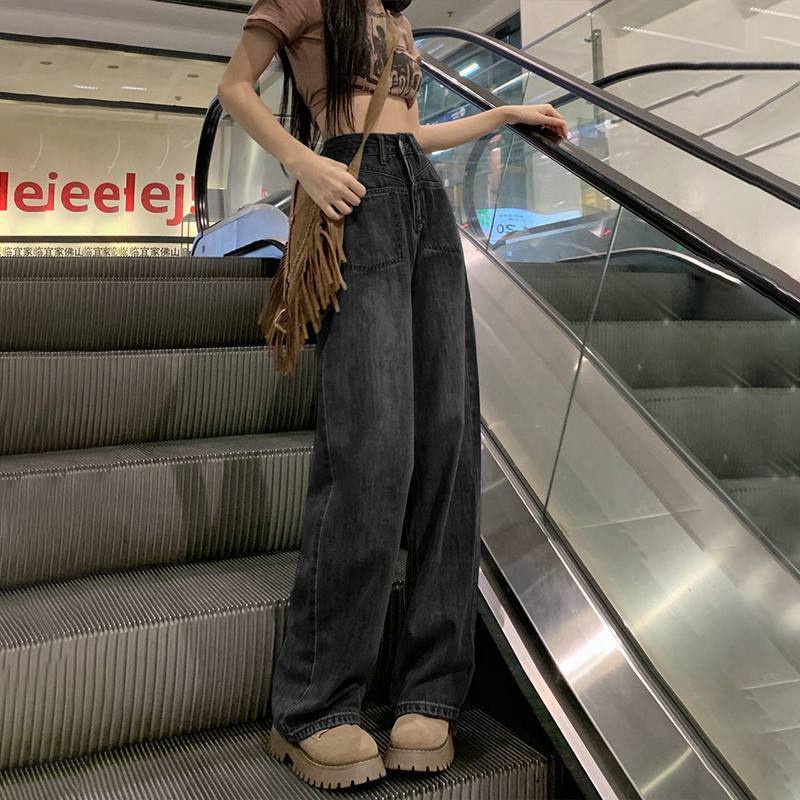 Jiashucheng Quần Jean Nữ Ống Rộng Lưng Cao Màu Đen Xám Thời Trang Cá Tính