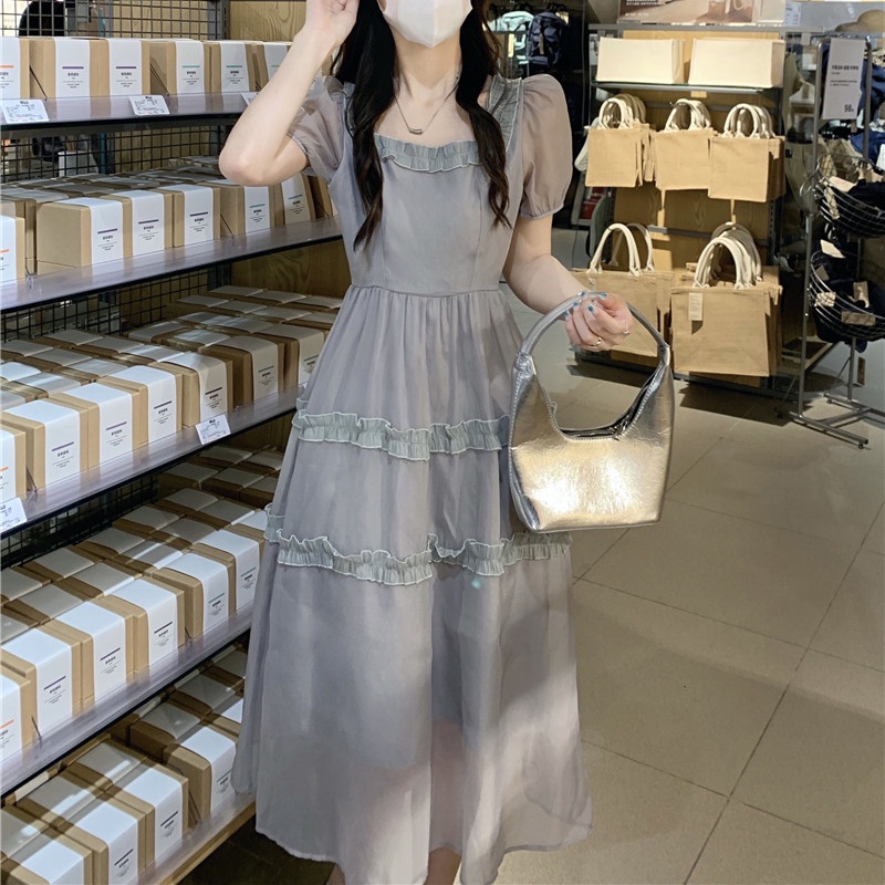 IELGY   Đầm Eo Cao Phối Ren Mỏng Màu Trơn Phong Cách IELGY    mori Dành Cho Nữ