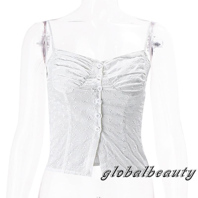 Gb Áo Tank Top Hai Dây Mỏng Sát Nách Đính Nút Hoa Khoét Rỗng Cho Nữ
