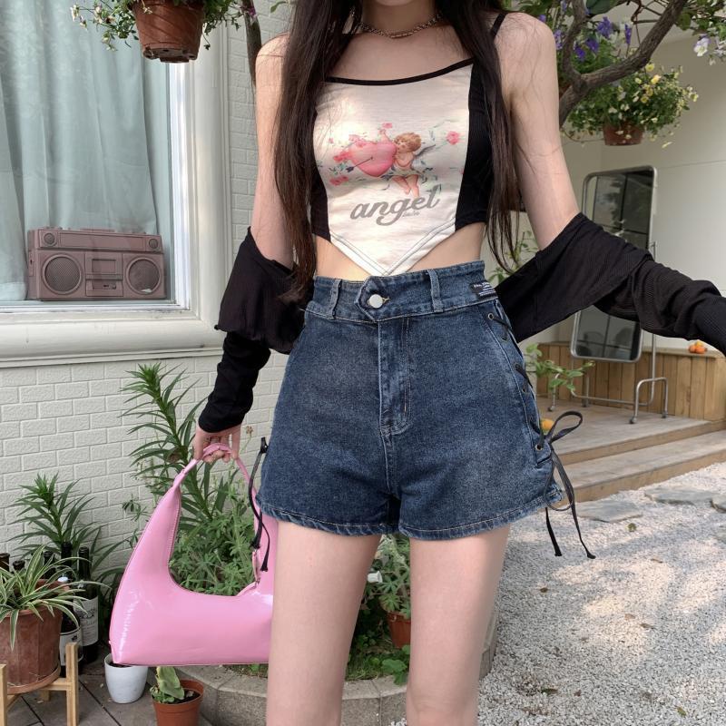 Jiashucheng Quần Short Denim Lưng Cao Dáng Rộng Cột Dây Phong Cách Mới Mùa Hè Dễ Phối Đồ Cho Nữ