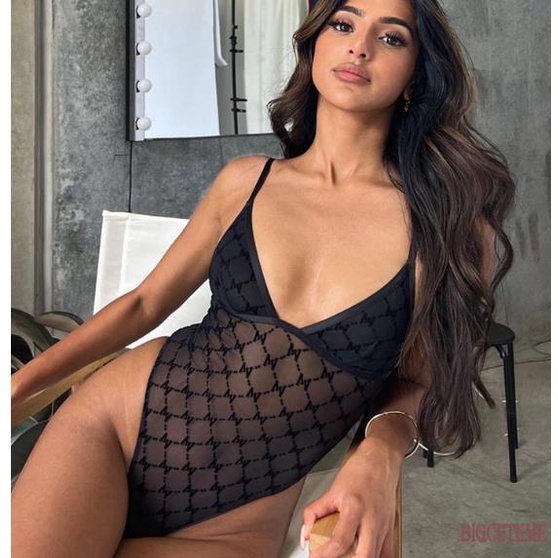 Bộ Áo Liền Quần Cổ Chữ V Không Tay Phối Lưới Kẻ Sọc Màu Đen Thời Trang Mùa Hè Cho Nữ