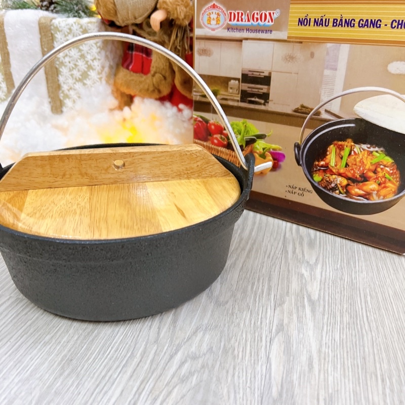 Nồi lẩu gang, nồi gang quai xách nắp kính, nắp gỗ Chống Dính Vạn Lợi Cao Cấp