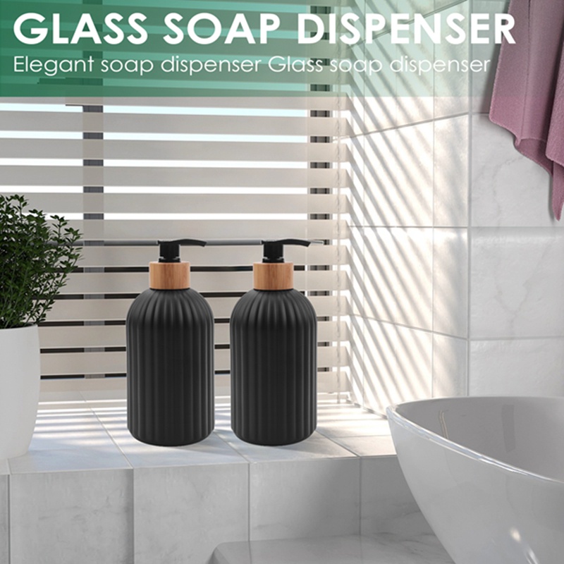 Bộ Bình Đựng Xà Phòng Thủy Tinh 14Oz Kèm 2 Khay Gỗ Dành Cho Trang Trí Nhà Bếp Phòng Tắm Nông Trại