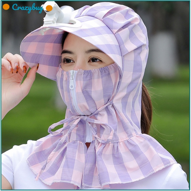 Cr Mũ Chống Nắng Chống Gió Bảo Vệ Mặt Và Cổ Họa Tiết Kẻ Sọc Kèm Quạt