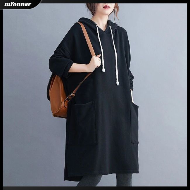 Đầm Hoodie Mỏng Dáng Rộng Tay Dài Màu Sắc Đơn Giản Cho Nữ Có Size Lớn