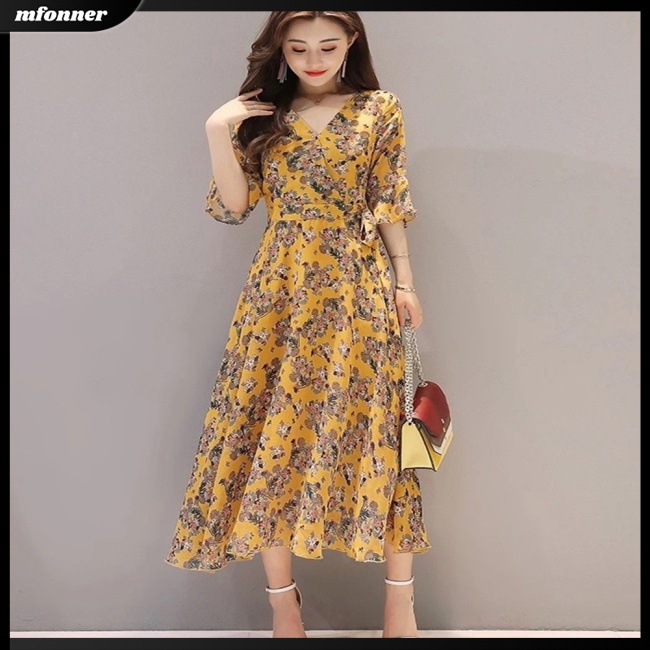 Đầm Dài Tay Loe In Họa Tiết Hoa Trang Nhã Dành Cho Nữ