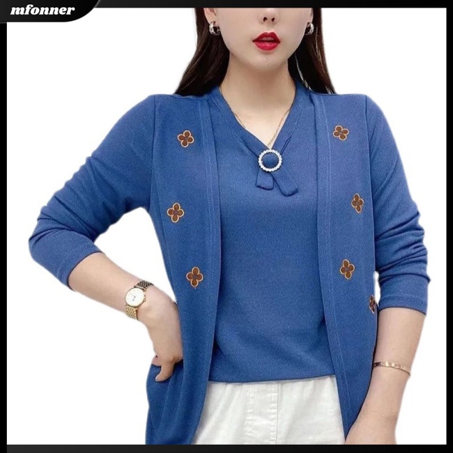 Áo Sweater Giả Hai Lớp Dáng Rộng Tay Dài In Hình Cây Cối Màu Trơn Thời Trang Cho Nữ