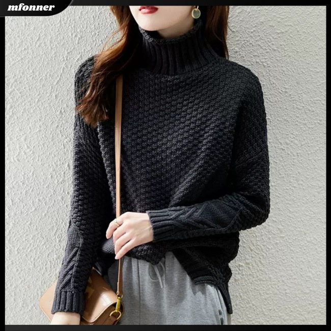 Áo Sweater Dệt Kim Cổ Lọ Tay Dài Màu Trơn Thiết Kế Đơn Giản Thanh Lịch Thời Trang Cho Nữ