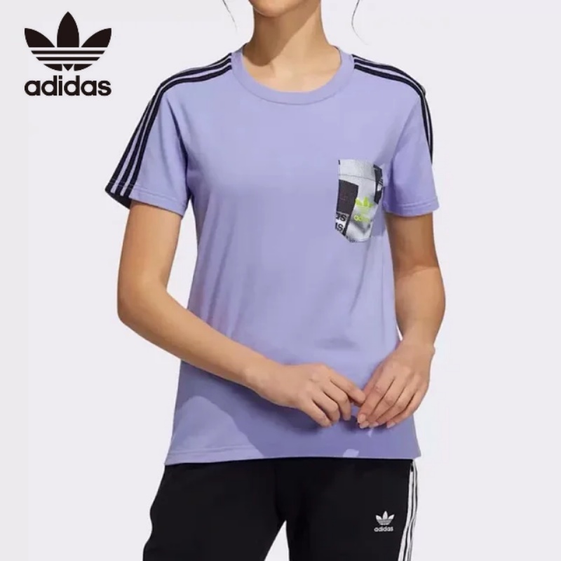 Áo Thun Adidas 100% Cotton Ngắn Tay Phối Túi Họa Tiết Kẻ Sọc Phong Cách Vintage