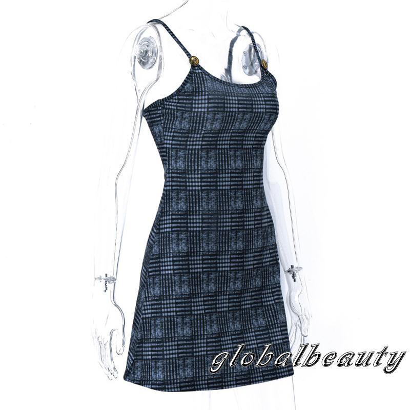 Đầm Hai Dây Mỏng Hở Lưng Họa Tiết Kẻ Sọc Bằng Kim Loại Đơn Giản Cho Nữ