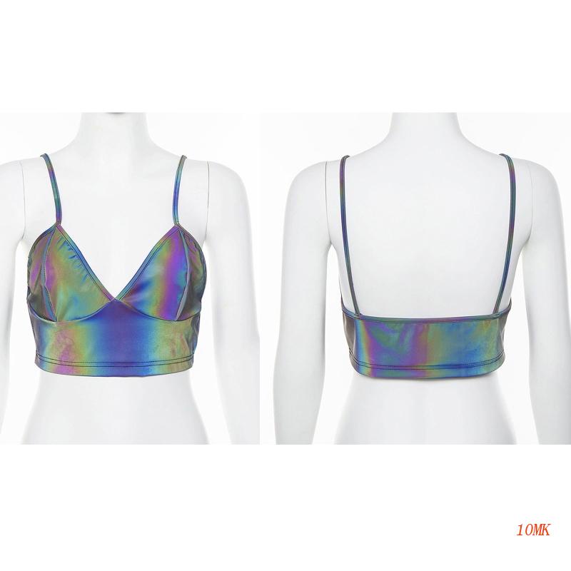 Xiangbao Áo Croptop Sát Nách Cổ Chữ V Hở Lưng Màu Cầu Vồng Phản Quang Lấp Lánh Gợi Cảm Cho Nữ Co