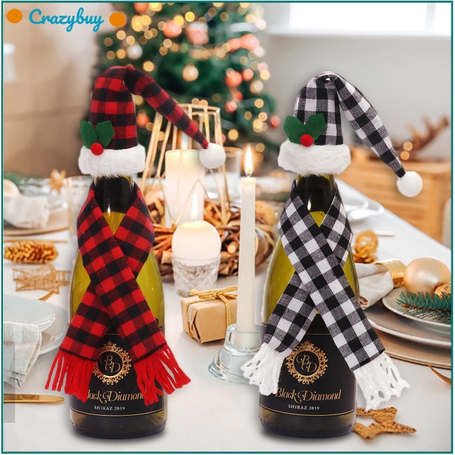 Cr Set Áo Bọc Chai Rượu Phối Khăn Choàng / Nón Họa Tiết Caro Phong Cách Giáng Sinh Độc Đáo