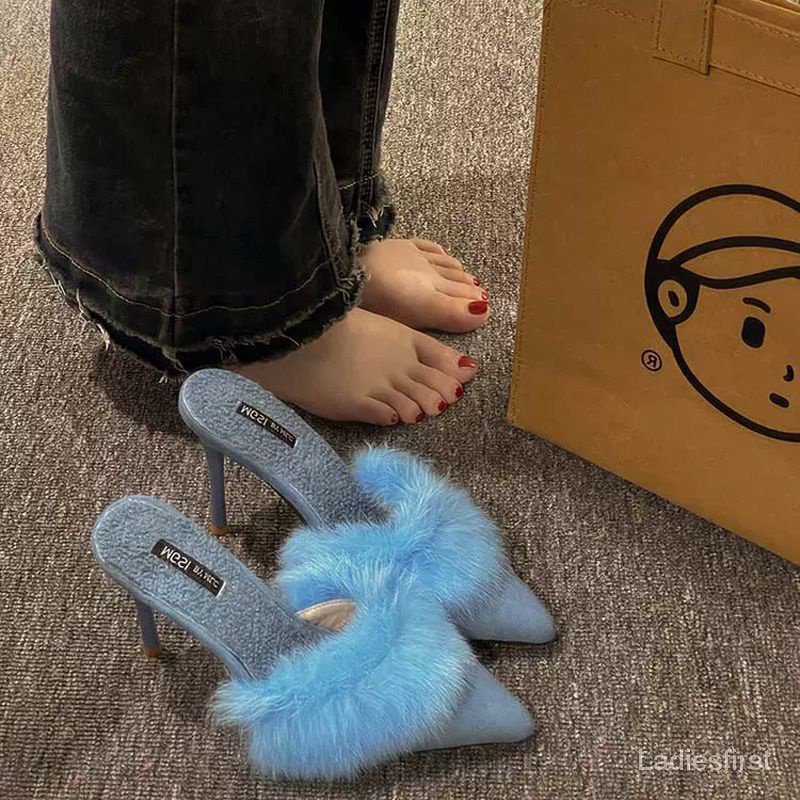 Dép Cao Gót Phối Lông Thời Trang Thu Đông 2022 Mới