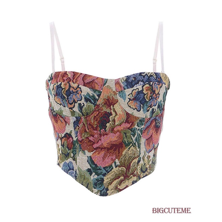 Áo Croptop Sát Nách Có Khóa Kéo In Họa Tiết Hoa Phong Cách Retro Thời Trang Mùa Hè Cho Nữ