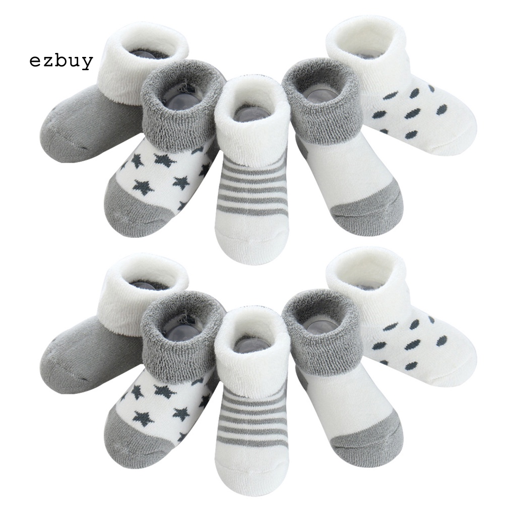 Set 5 Đôi Tất Dày Giữ Ấm Mùa Đông Chống Trượt In Họa Tiết Chấm Bi / Ngôi Sao Cho Bé