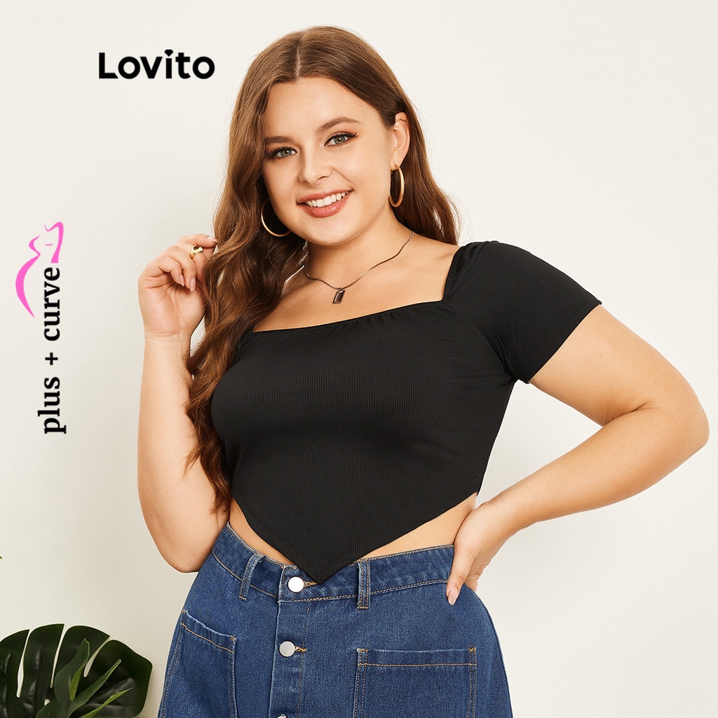 Áo dáng ngắn Lovito mùa hè tay ngắn cổ vuông màu trơn thường ngày tôn đường cong size lớn cho nữ LPS07081 (Màu đen)