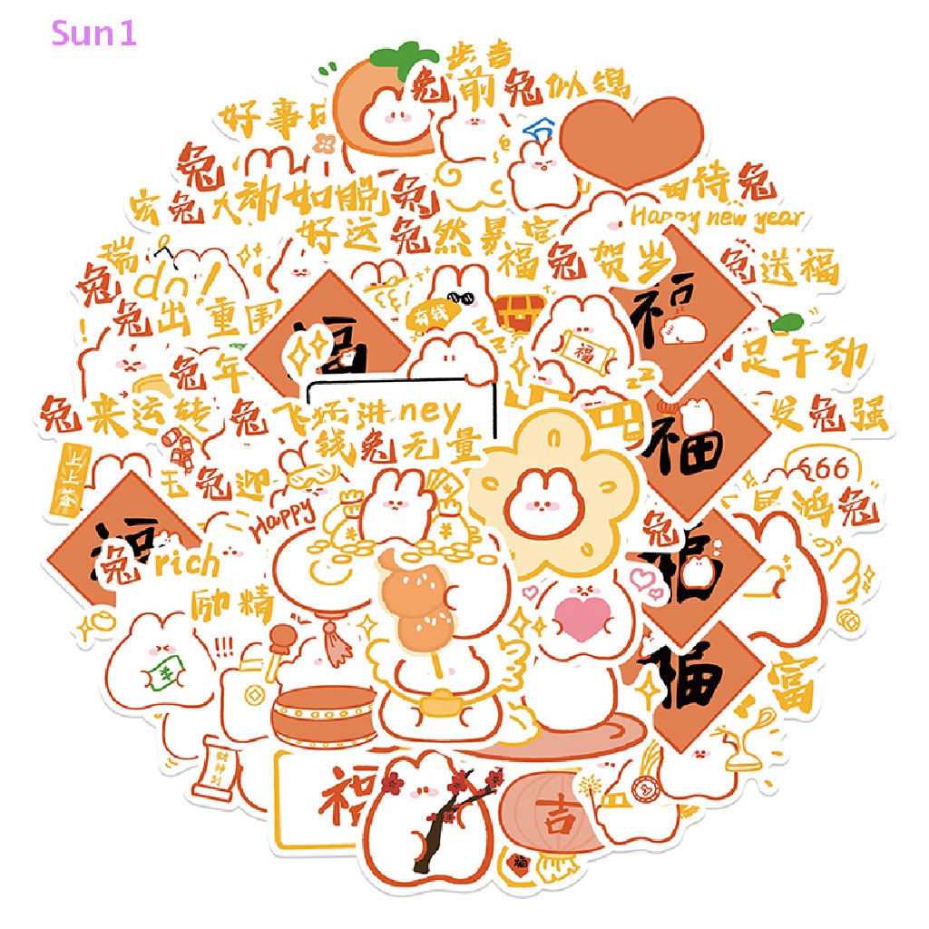 Set 52 Nhãn Dán PVC Hình Thỏ Trang Trí Năm Mới Cho Đàn Ghi Ta / Laptop / Điện Thoại / Sổ Tay DIY